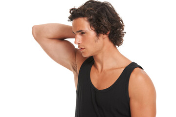 Obraz premium Serious, fitness and face of man on a white background with confidence, pride and muscles. Healthy body, training and isolated Australian male person in studio for wellness, exercise and workout