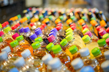 Plastic bottles with drinks with colored lids on a shop window.