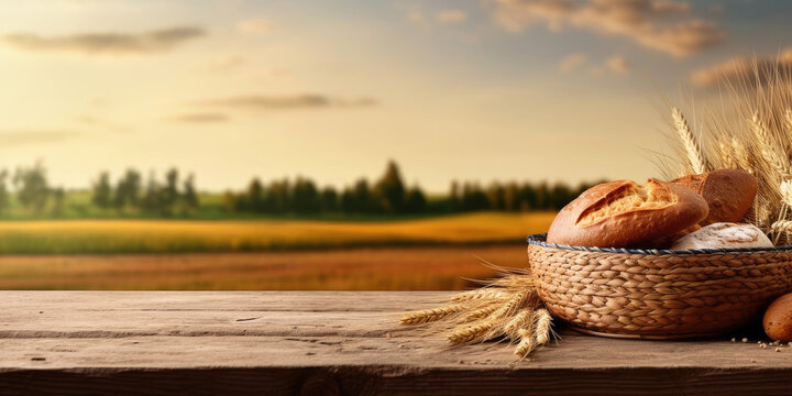Various bread in the basket on wooden table, wheat field on background, Generative AI