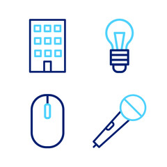 Set line Microphone, Computer mouse, Light bulb and House icon. Vector