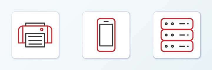 Set line Server, Data, Web Hosting, Printer and Smartphone icon. Vector