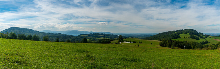 View from Podlesie above Leszna Gorna village in Beskid mountains in Poland