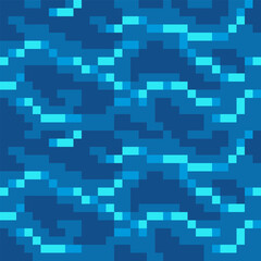 Blue color camouflage seamless water pattern, pixel art fabric texture, tile, abstract illustration, pixelated vector background. Design for clothes, game, web, mobile app