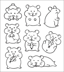 Obraz premium Set of hamsters, different body postures . Cute hamsters pictures in black and white vector illustration.