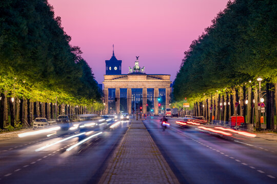 Brandenburg Gate (Brandenburger Tor) and Stra&szlig;e des 17. Juni at dusk, Berlin, Germany	