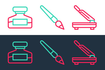 Set line Paper cutter, Ink bottle and Paint brush icon. Vector
