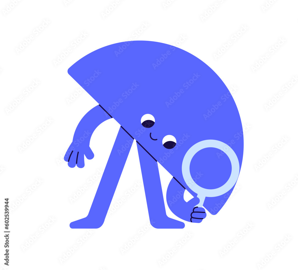 Poster cute geometric shape searchin, finding ideas. funny geometry character looking through magnifying gl