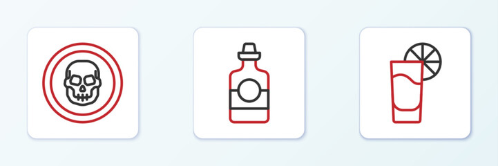 Set line Tequila glass with lemon, Mexican skull coin and bottle icon. Vector