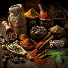 colorful still life of Indian spices, saffron, turmeric, star anise on the table. Assortment of Seasonings, condiments. Cooking ingredients