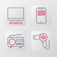 Set line Hair dryer, Radio, Mobile Apps and Smart Tv icon. Vector