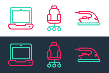 Set line Electric iron, Laptop and Office chair icon. Vector