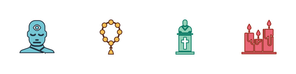 Set Man with third eye, Rosary beads religion, Church pastor preaching and Burning candles icon. Vector