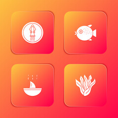 Set Octopus on a plate, Puffer fish, Shark fin soup and Seaweed icon. Vector