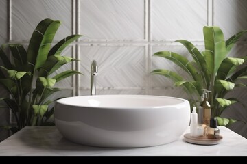 Naklejka na ściany i meble white home clean nature tropical green sink bathroom design leaf interior. Generative AI.