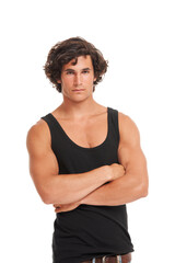 Fototapeta na wymiar Fashion, crossed arms and portrait of man on a white background with confidence, attitude and edgy style. Serious, body builder and isolated handsome, attractive and Australian male person in studio
