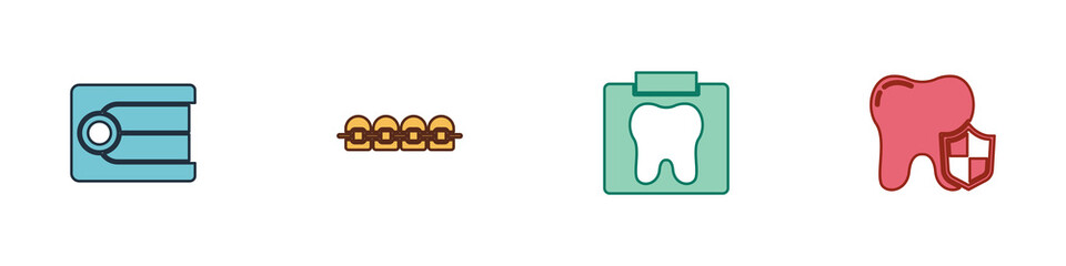 Set Dentures model, Teeth with braces, X-ray of tooth and Dental protection icon. Vector