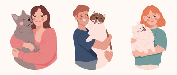 Set of Happy owner and pet concept vector. Flat cartoon characters collection with women, men hugging, hold their dogs. Dog and peoples illustration design for decoration, cover, website, poster.