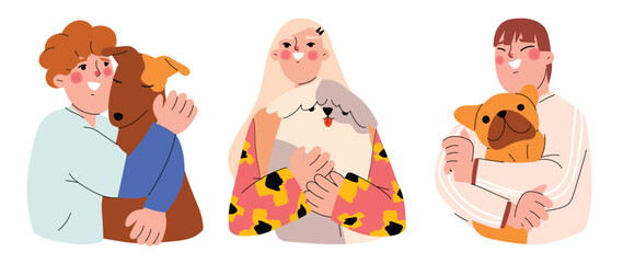 Set of Happy owner and pet concept vector. Flat cartoon characters collection with women, men hugging, hold their dogs. Dog and peoples illustration design for decoration, cover, website, poster.