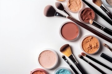 Makeup Brush and Cosmetics on White. Generative AI