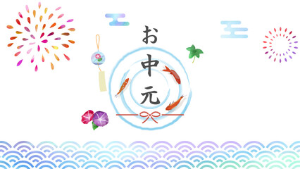 青海波と花火、風鈴、和柄の背景の水彩ベクターイラストフレームバナー　16：9