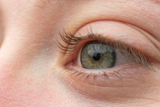 A young woman opened blue eye. Close up macro shot, unrecognizable face