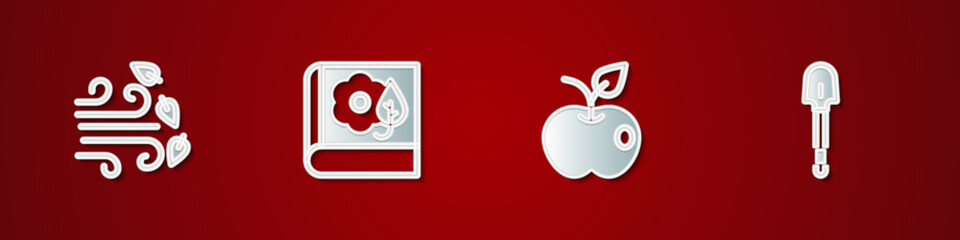 Set Windy weather, Herbarium, Apple and Shovel icon. Vector
