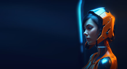 Futuristic woman illuminated with blue and orange studio light. Cyberpunk portrait style. Generative ai