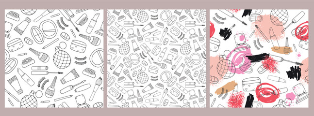 Vector set of seamless cosmetcis patterns. Make up doodle, hand drawn background. Beauty and care tools.
