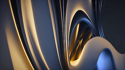 Dark blue and glod glossy wallpaper with abstract wavy shapes. Background with curvy texture. Generative ai
