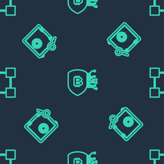 Set line Shield with bitcoin, Proof of stake and Blockchain technology on seamless pattern. Vector