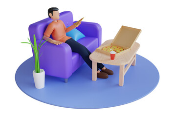 3D Illustration of man is eating pizza from a takeaway at home. man eating pizza. 3D Illustration
