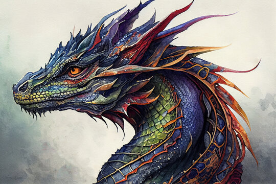 Portrait of mystical dragon, watercolor style, generative ai illustration