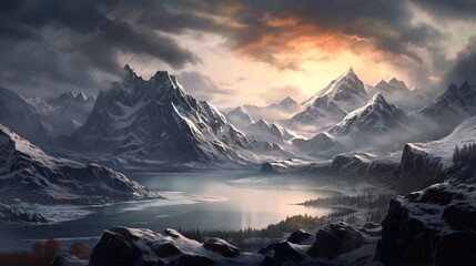 Fototapeta na wymiar a fantastic view of a snow-capped mountain range with a lake surrounded by snow-capped mountains and a cloudy sky in the background. Generative AI