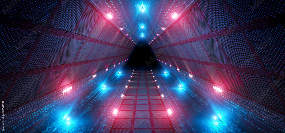 Fototapete Futuristic interior corridor with blue pink neon lights walls. Triangle shaped spaceship background in space station. Pyramid style tunnel with lit path way. Cyber room with sci fi laser. 3d rendering