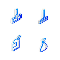 Set Isometric line Handle broom, Mop, Bottles for cleaning agent and Garbage bag icon. Vector