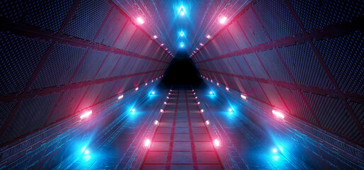 Futuristic interior corridor with blue pink neon lights walls. Triangle shaped spaceship background in space station. Pyramid style tunnel with lit path way. Cyber room with sci fi laser. 3d rendering
