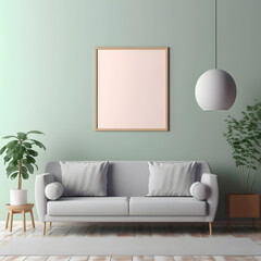Blank picture frame mockup hanging on a pastel green wall. Green plants and a lamp hanging from the ceiling. White couch underneath the wooden frame. 