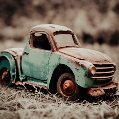 Vintage toy car on the ground in the park. Selective focus.