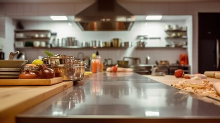 Illustration of professional restaurant or hotel kitchen interior with different utensils and furniture. Indoor background. AI generative image.