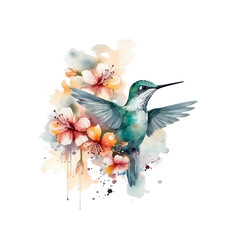 Exquisite Watercolor Illustration: Stunning Hummingbird and Beautiful Flower, Created by Generative AI 