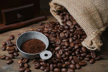 Ground coffee in a cup and roasted coffee beans in a sack