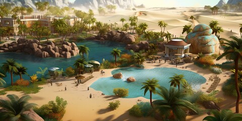 Tropical landscape with palm trees and a lake, a 3D render scene realized with Generative AI