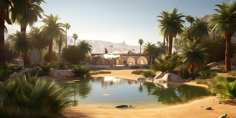 Tropical landscape with palm trees and a lake, a 3D render scene realized with Generative AI