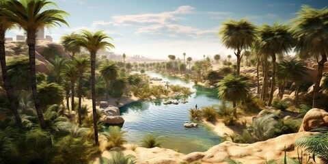 Tropical landscape with palm trees and a lake, a 3D render scene realized with Generative AI