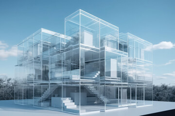 Plakat House or structure with a lot of glass. Building form of the future, generative Ai