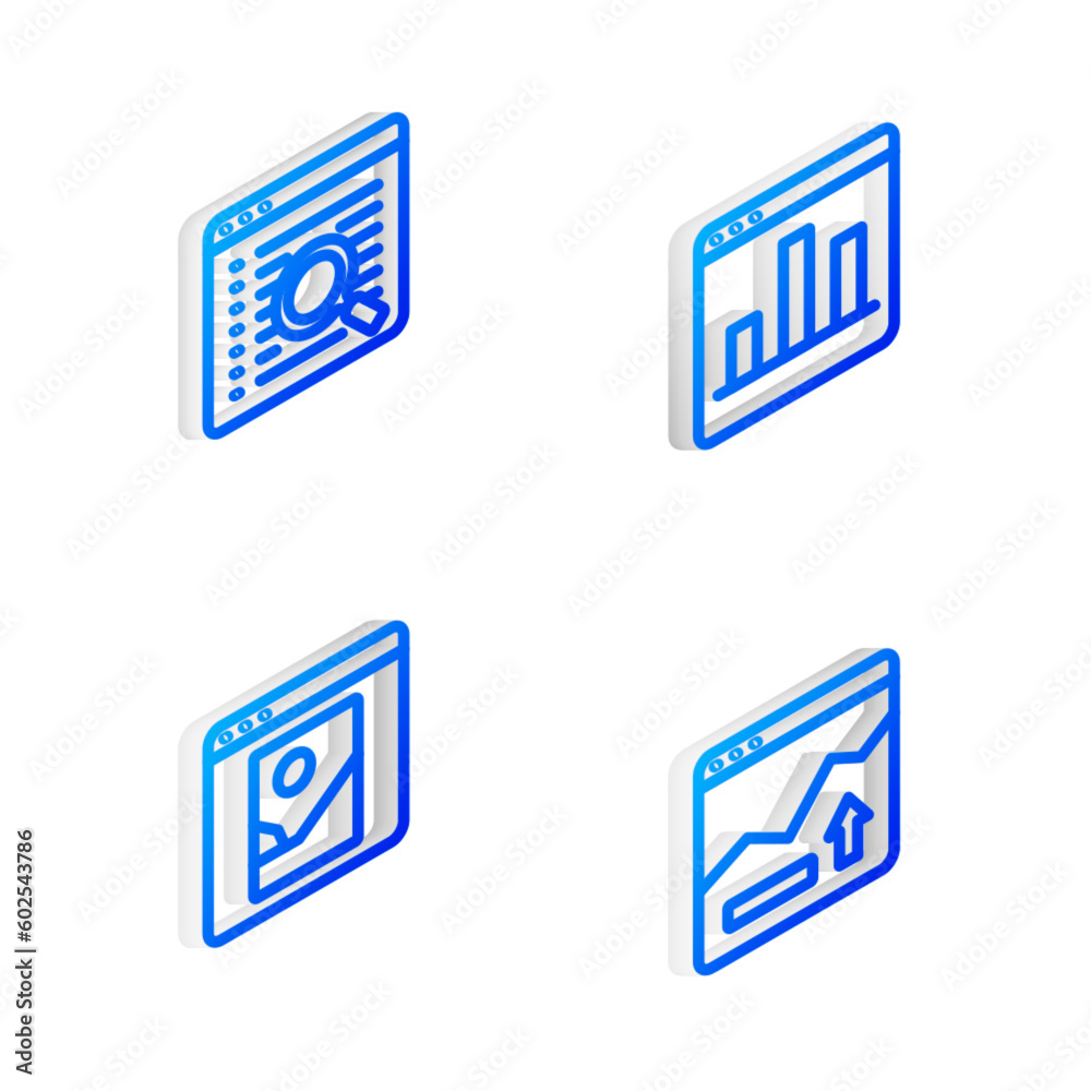 Sticker Set Isometric line Graph chart infographic, Search engine, Photo retouching and Financial growth increase icon. Vector