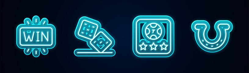 Set line Casino win, Game dice, Online poker table game and Horseshoe. Glowing neon icon. Vector