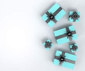 Gift boxes with ribbon and bow for Merry Christmas flying and falling on white