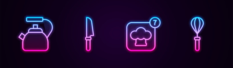 Set line Kettle with handle, Knife, Chef hat and Kitchen whisk. Glowing neon icon. Vector