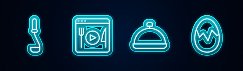 Set line Kitchen ladle, Cooking live streaming, Covered with tray of food and Broken egg. Glowing neon icon. Vector